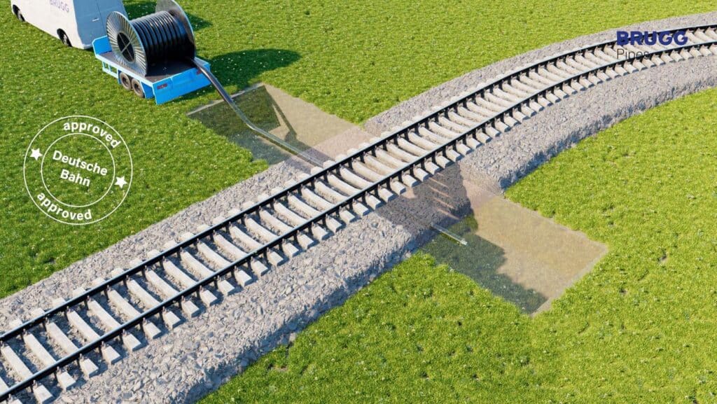 Darstellung eines unterirdischen Schutzrohrsystems von BRUGG Pipes für die sichere Querung von Leitungen unter Bahngleisen, inklusive Kabeltrommel und Einzugsfahrzeug; mit Kennzeichnung „Deutsche Bahn approved“