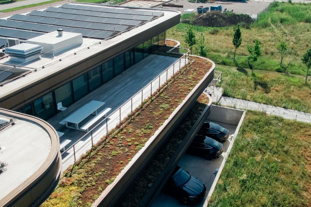 Dachbegrünung mit Sedumpflanzen auf dem Omega-Bürogebäude, ausgeführt auf Hertalan-EPDM-Dachabdichtung.