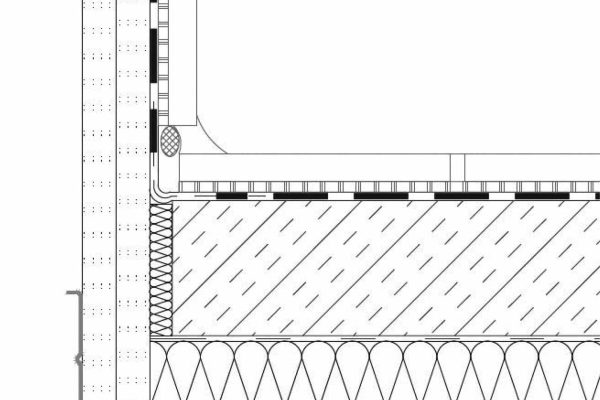 Technisches Schema Bewegungsfuge im Bodenaufbau mit Wandanschluss und verschiedenen Dämmschichten.
