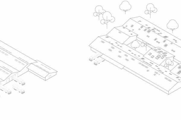 Gegenüberstellung einer funktionalen Industriehalle und einer nachhaltigen Industriehalle in grüner Umgebung.