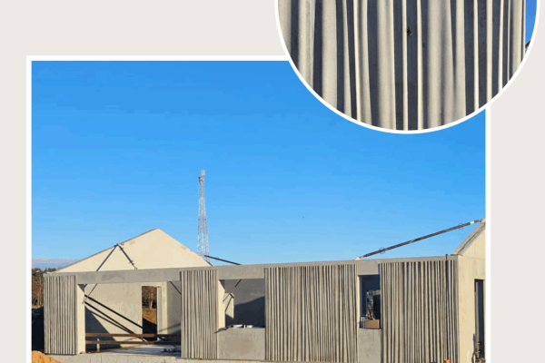 Betonwand am Rohbau mit der vertikal strukturierten Matrize Avignon und Detailansicht der Oberflächenstruktur.