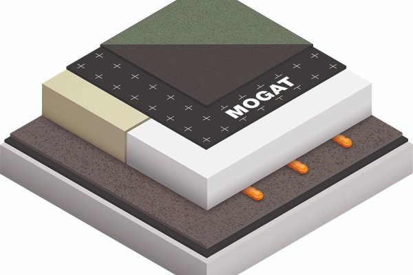 Zweilagige Sanierung mit Wärmedämmung: Schichtaufbau mit MOGADÄMM, MOGAFIX KSK-U UNI und APOLLO O5T Bitumenbahnen.