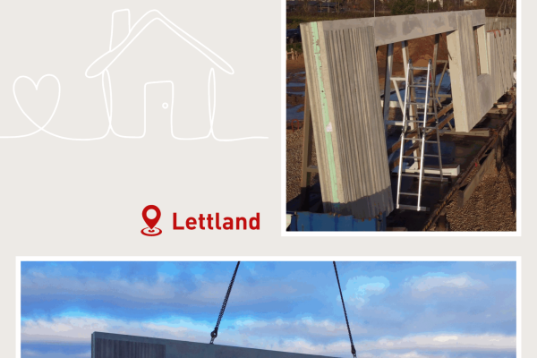 Präzise Montage von Betonfertigteilen für ein Privathaus in Lettland mittels Kran auf der Baustelle.
