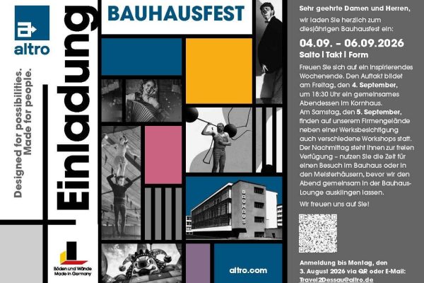 Altro Einladung zum Bauhausfest mit künstlerischen Motiven und dem Bauhausgebäude im modernen Rasterdesign.
