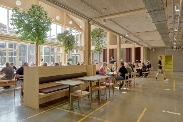 Helle Kantine im LKR Innovation House Bürogebäude mit moderner Holzarchitektur, Innenbäumen und vielen Sitzplätzen.