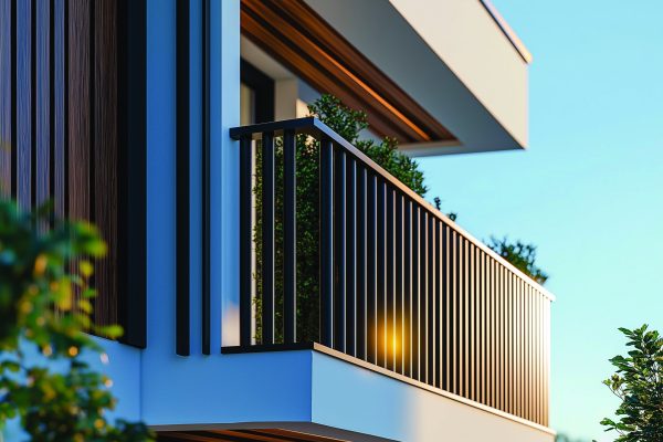 Modernes Aluminiumgeländer in Flachstahloptik Zebral von danialu an einem Balkon mit grüner Bepflanzung.