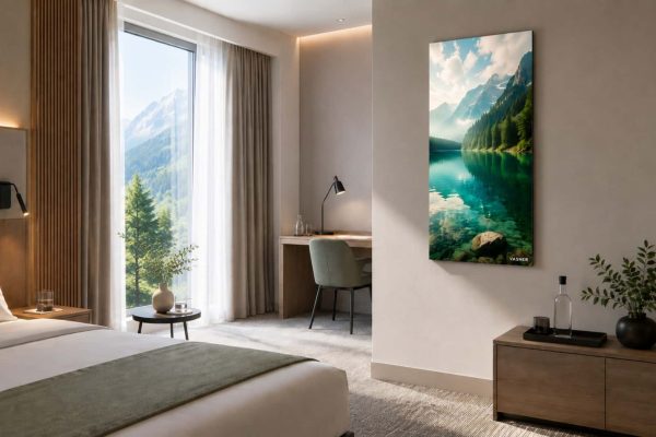 Individuelle VASNER Bild-Infrarotheizung im modernen Hotelzimmer