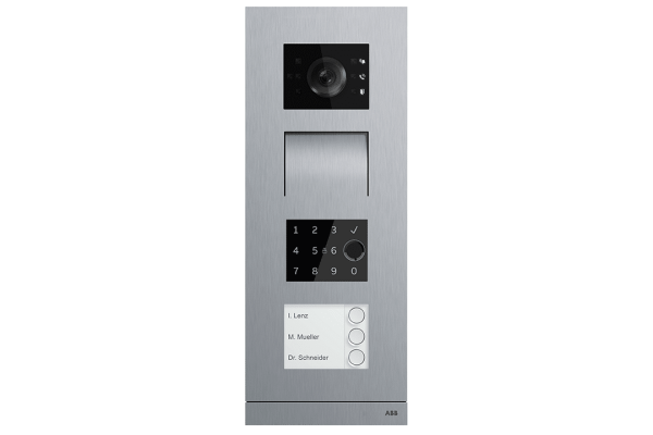 Busch-Welcome IP Außenstation aus Edelstahl mit Kamera, Tastenfeld und Fingerprint-Sensor zur Zutrittskontrolle.