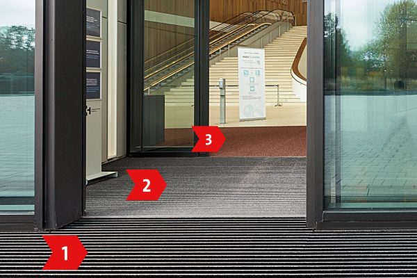 Drei Zonen der EMCO Sauberlaufsysteme im Eingangsbereich eines modernen Gebäudes mit Treppenaufgang.
