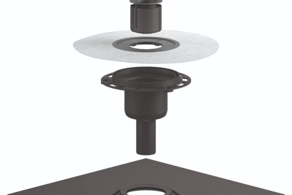 Explosionszeichnung eines Dallmer Bodenablaufs mit Bitumenmanschette zur sicheren Abdichtung.