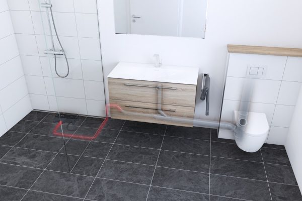 Modernes Bad mit sichtbarer Rohrführung der Entwässerungslösung Connect für Dusche, Waschbecken und WC.
