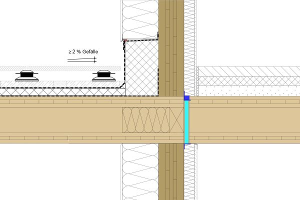 Detailzeichnung der CLT-BOX mit Gefälleausbildung, Dämmung und Wandanschluss im konstruktiven Holzbau.