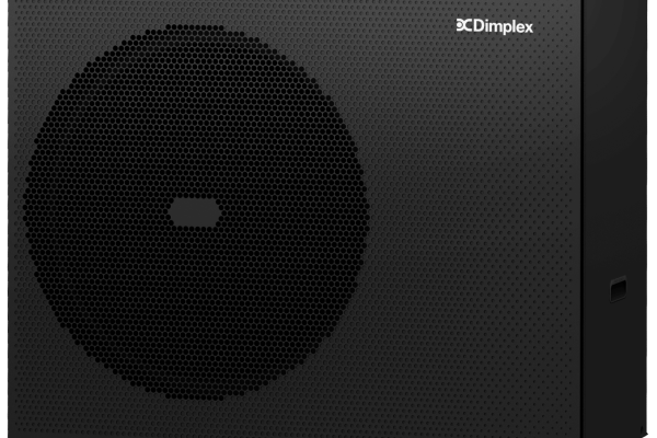 Kompakte Dimplex System E Außeneinheit im schwarzen Metallgehäuse für ein modernes und cleanes Design.