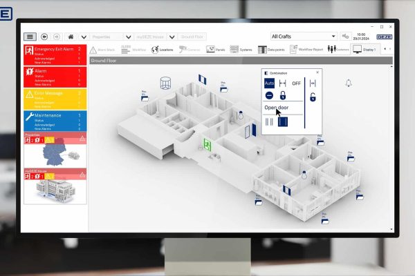 myGEZE Visu Gebäudemanagementsystem mit 3D-Grundriss und Alarmübersicht für eine vernetzte Fassadensteuerung.
