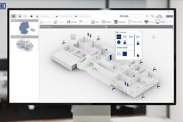 myGEZE Visu Softwareoberfläche mit 3D-Gebäudeplan zur Visualisierung und Steuerung moderner Türsysteme.