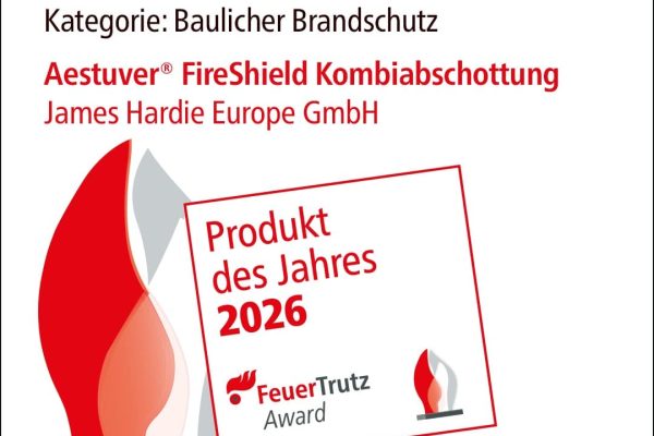 Wetterfeste Brandabschottung FireShield von James Hardie als Produkt des Jahres 2026 beim FeuerTrutz Award.