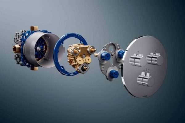 Explosionszeichnung der HANSA EASYMIX Unterputz-Armatur mit verchromter Sichtseite und technischen Bauteilen.