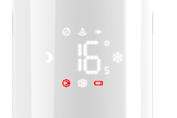 Weißes IMI neo-K Heizkörperthermostat mit digitaler Anzeige von 16 Grad und leuchtenden Statussymbolen.