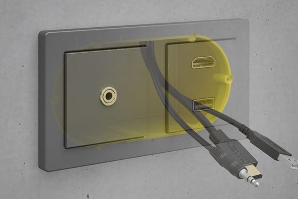 B² Doppel-Geräte-Verbindungsdose für Betonmontage mit großem Installationsraum für HDMI- und USB-Anschlüsse.