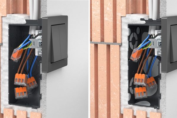 Gipsmontage einer Unterputzdose mit Schalter und Verkabelung in luftdichter Ausführung für Elektroinstallationen.