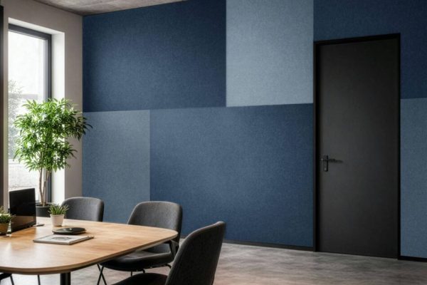 Modernes Büro mit blauen Durach Sonic-Unity Akustikpaneelen an der Wand, Holztisch und grauen Polsterstühlen.