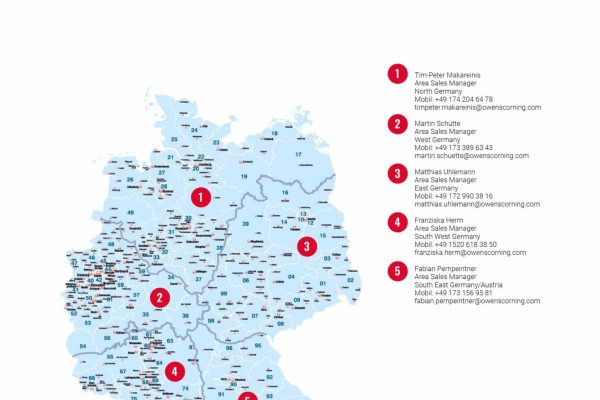 PAROC Wichtige Kontakte auf einer Deutschlandkarte mit regionalen Ansprechpartnern für HVAC und Sales.