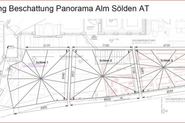 Technischer Grundriss zur Planung der Terrasse mit drei PALAZZO Royal Großschirmen für die Panorama Alm.