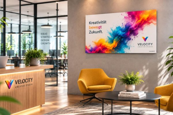 Individuell bedruckte VASNER Infrarotheizung mit Grafik und Firmenlogo im Empfangsbereich