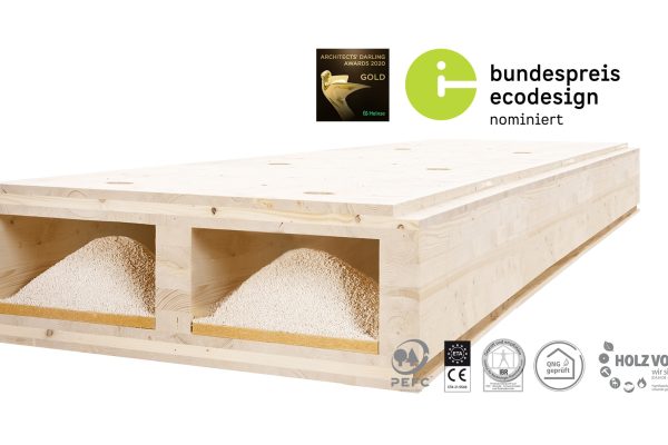 CLT-BOX-Brettsperrholz Hohlkastenelement mit integrierter Schüttdämmung und diversen Qualitätssiegeln.