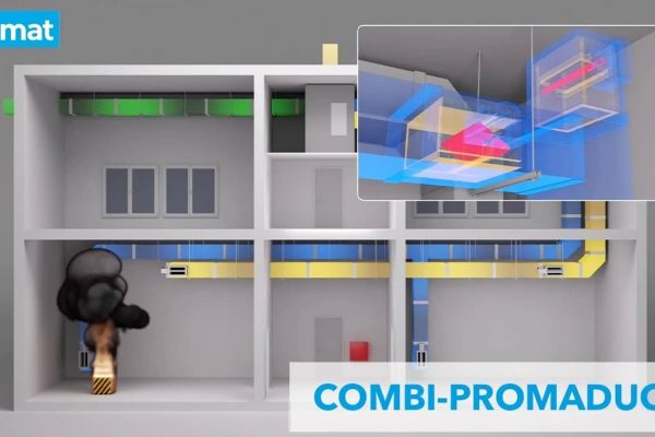 Promat COMBI-PROMADUCT Brandschutzkanal im Gebäude-Querschnitt mit Brandszenario und technischer Detailansicht.