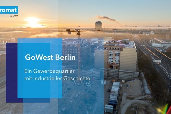 Baustelle Projekt GoWest Berlin mit Promat COMBI-PROMADUCT im Gewerbequartier bei Sonnenaufgang.