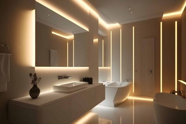 Lumino LED-Lichtdesign von Protektor für indirekte Beleuchtung an Spiegel und Waschtisch im modernen Bad.