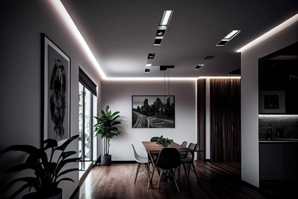 Modernes Esszimmer mit indirektem LED-Lichtdesign von Protektor Lumino an der Decke für ein elegantes Ambiente.