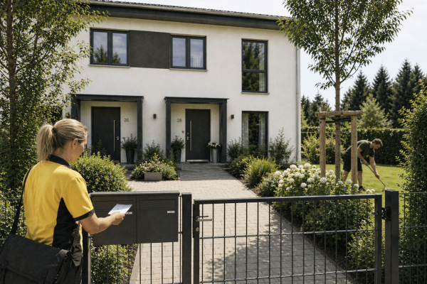 Frau wirft Brief in einen Zaunbriefkasten mit TRAPEZ-Dach für Mehrfamilienhaus vor modernem Neubau.