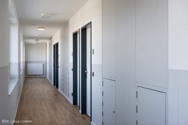 Heller Flur mit PRIOWALL Wandelementen mit Revisionsabschlüssen und kontrastreichen dunklen Türzargen.