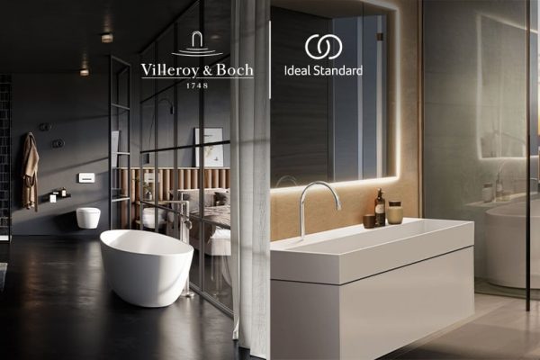 Modernes Bad-Design mit Ideal Standard Singular Lösungen und Villeroy und Boch Keramik in dunkler und heller Optik.
