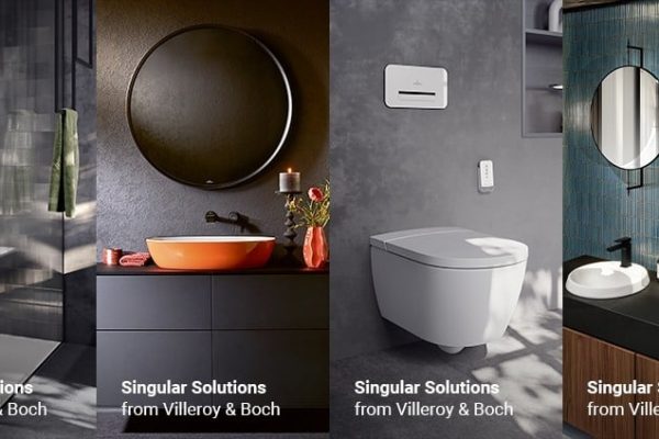 Modernes Badezimmer-Design der Serie Singular Villeroy & Boch mit stilvollem Waschbecken und Dusche.