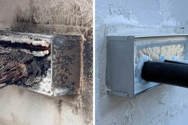 Defekte Kabeldurchführung im Vergleich zu einer fachgerecht abgedichteten Neuinstallation an der Wand.