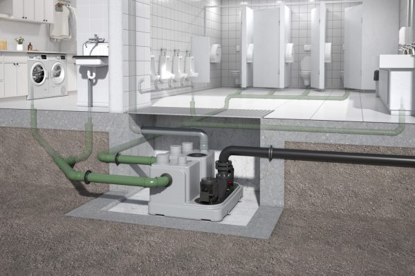 Abwasserhebeanlage ACO Muli-Nova DDP für Grau- und Schwarzwasser im Erdeinbau unter Waschraum und WC.