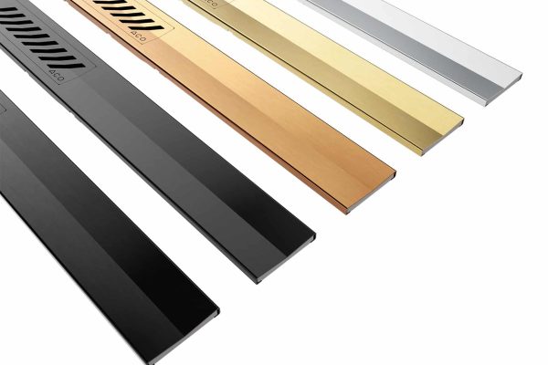 Die ACO ShowerDrain SE+ ist in Edelstahl sowie Schwarz, Graphit, Gold und Kupfer erhältlich.