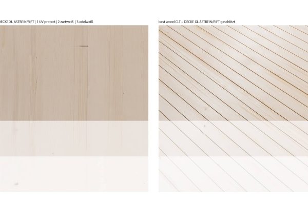 CLT Decke XL Veredelungsvarianten in UV protect, zartweiß und edelweiß sowie eine geschlitzte Oberfläche.