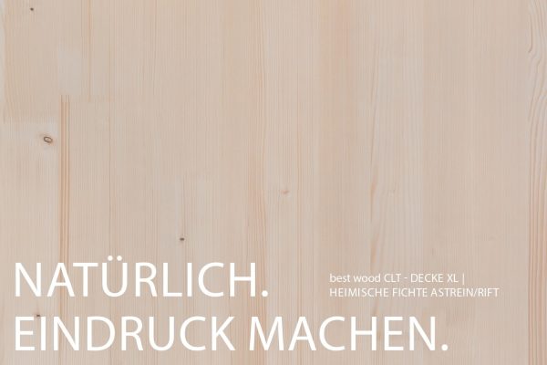 Natürliche Holzoberfläche der best wood CLT Decke XL aus heimischer Fichte in astreiner Rift-Qualität
