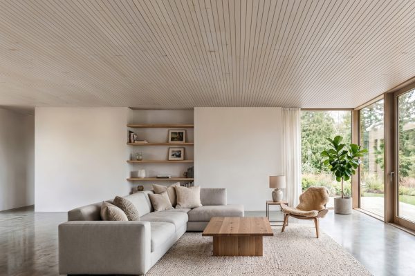 Helles Wohnzimmer mit moderner CLT Decke XL in geschlitzter Ausführung und großer Fensterfront für Tageslicht.