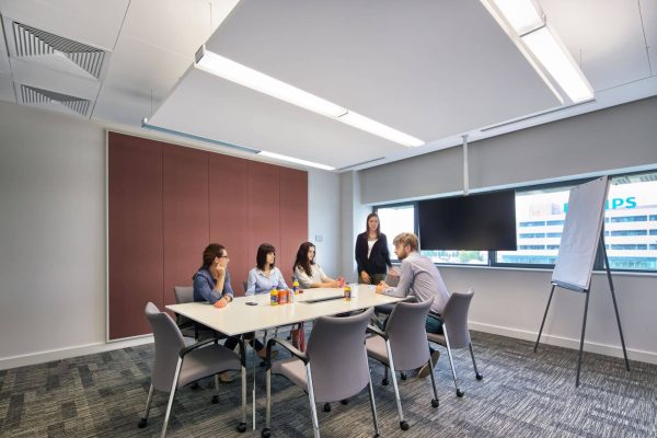 Ecophon Akusto Wall C Wandabsorber in Autumn-Berry in einem modernen Meetingraum mit Personen am Tisch.