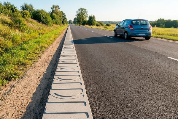 Ehl Bankettplatte zur stabilen Randbefestigung einer asphaltierten Landstraße mit einem blauen PKW im Hintergrund.