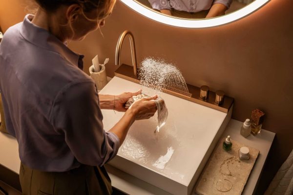 Frau am modernen Waschtisch genießt hansgrohe Wassergenuss mit einem innovativen und sanften Wasserstrahl.
