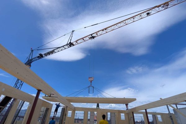 Montage eines Deckenelements in Holzbauweise