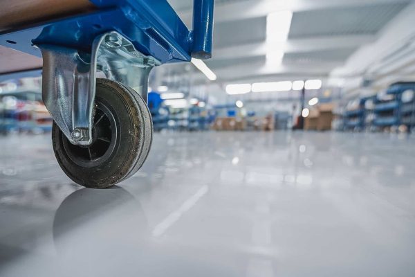 Transportrolle auf hellem ESD-Boden für hohe Anforderungen an Funktion und Untergrund in einer Produktionshalle.