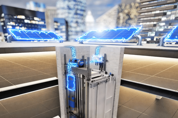 Otis Gen3 Energyefficiency durch Solarpaneele auf dem Dach zur Versorgung des Aufzugsmotors mit Ökostrom.