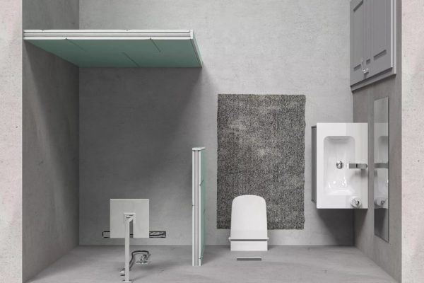 Schmale Trennwand Badezimmer in modernem Grau als platzsparender Sichtschutz zwischen WC und Waschbecken mit 69 mm Dicke.